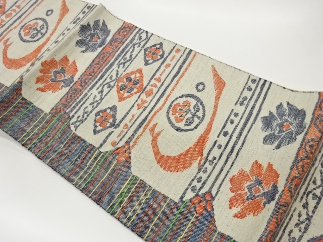 JAPANESE KIMONO / HAND WOVEN MAWATA TSUMUGI / ABSTRACT BIRD / FLOWER L
